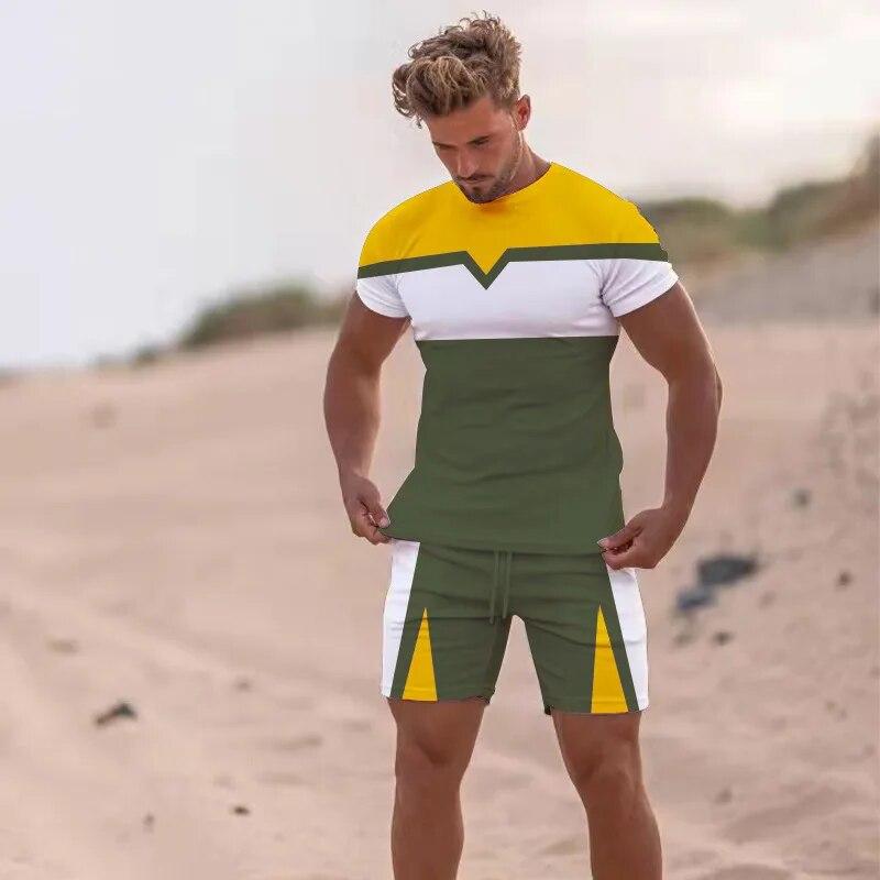 Summer Men Beach T Shirt Tracksuit 2 Piece Sets 3D Print All-Match Sports Short Sleeve Round Neck Casual Style Clothing 6XL