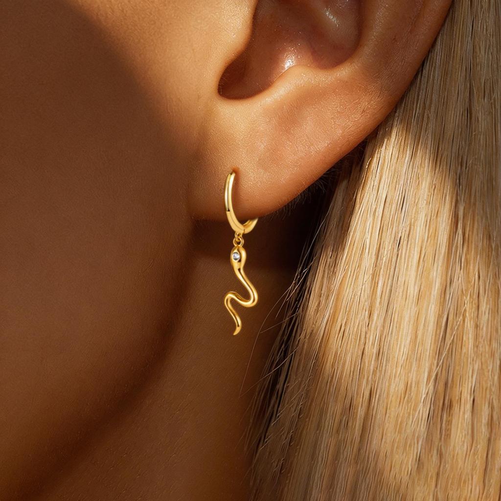 S925 Sterling Silver Snake Zodiac Stud Earrings, Light Gold, Sweet & Cool Niche Design.