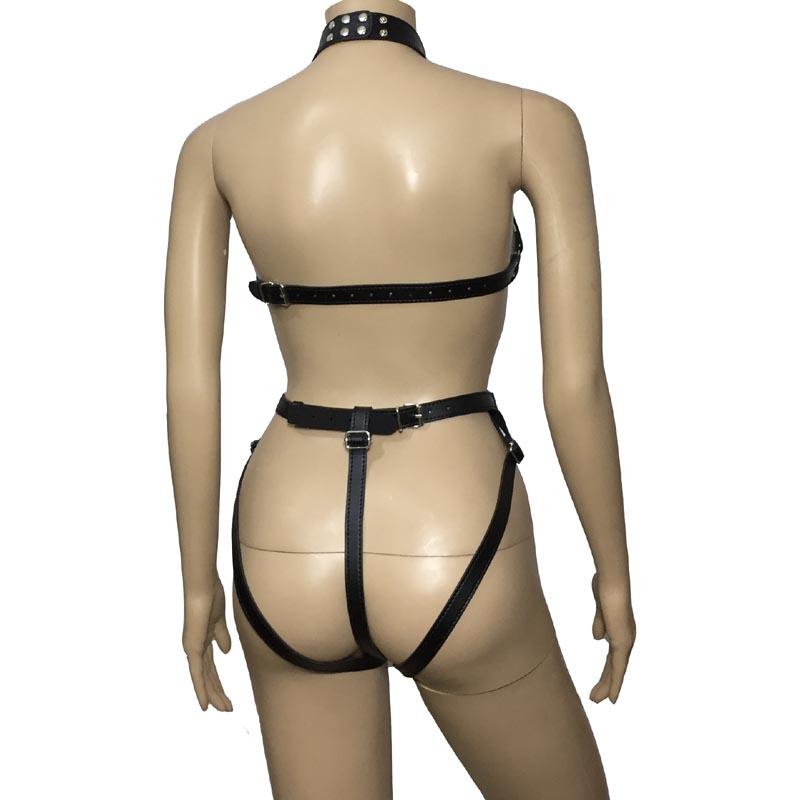 Womens PU Leather Strappy Body Harness Teddies Cupless Jockstrap Halter Neck Bodysuit Fetish Costume LingerieGood Product
