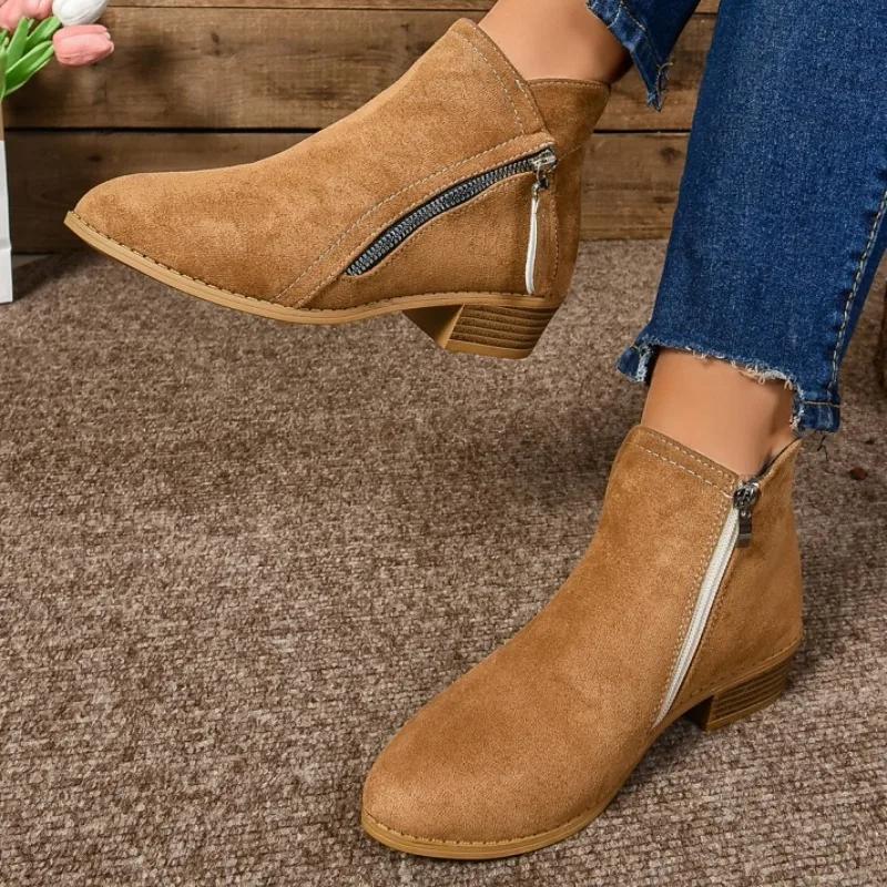 

Women s Shoes 2025 Hot Sale Zipper Autumn Women s Boots Pointed Toe Solid Flock Short Barrel Low Heels Retro Concise Roman Boots 36 коричневый