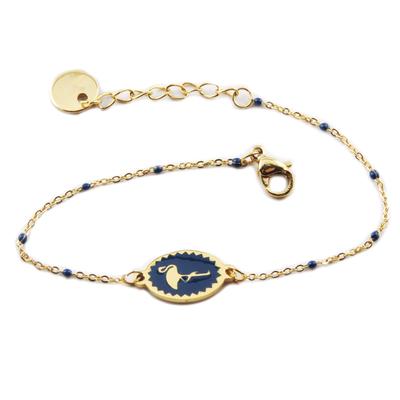 [R0105] - Designer Steel Bracelet 'Pink Flamingo' Navy Gold - 12x9 Mm
