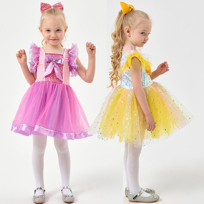 Kids Girls Halloween Costume Princess Dress Stage Performance Outfit Yellow Purple Tulle Tutu Birthday Party School Show