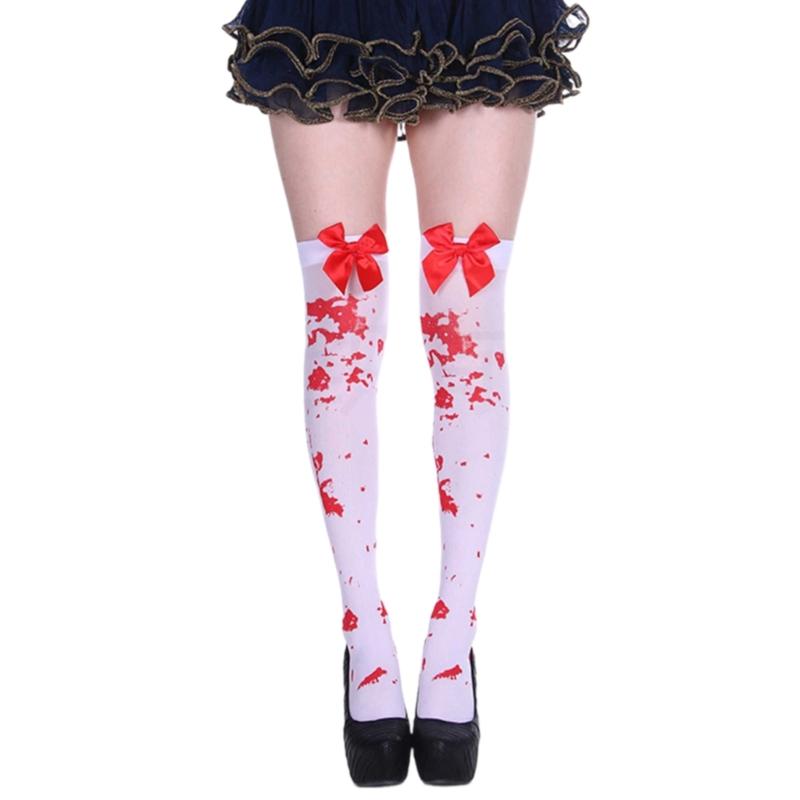 Sweet Bowknot Accent Thigh High Long Socks for Women Halloween Cosplay Parties Fishnet Striped Thigh High Stockings