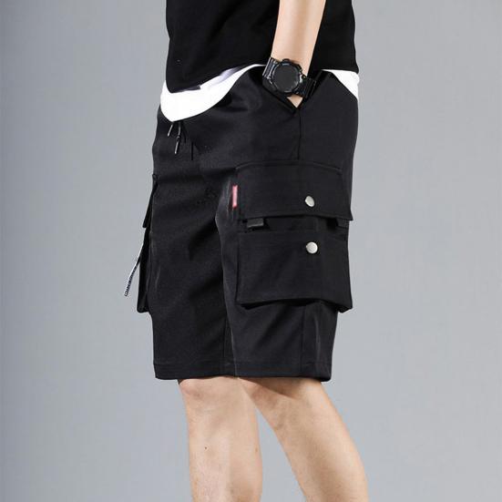 Summer Men Elastic Waistband Drawstring Shorts Multi Pockets Solid Color Straight Wide Leg Mid-rise Sport Cargo Shorts Streetwear