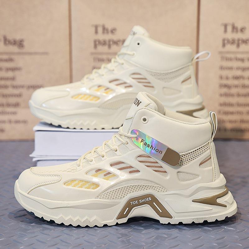 

Men s shoes spring new youth sports shoes casual high-top breathable mesh heightening dad versatile trendy shoes 44 бежевый