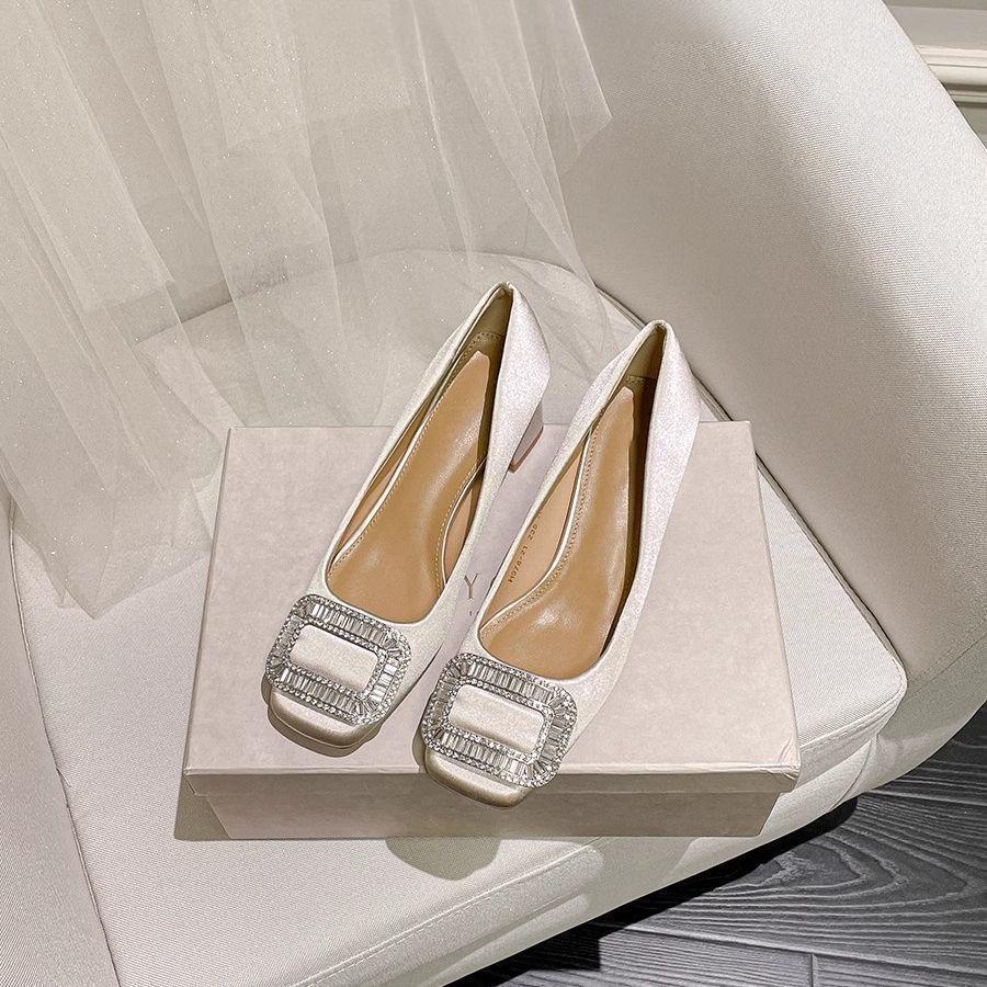 Women's 2025 Spring/Autumn Square Toe Rhinestone High Heels with French Satin Buckle