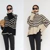 2023 Women's Striped High Neck Loose Knit Sweater with Side Slits