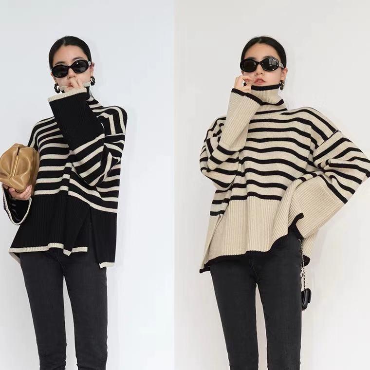 2023 Women's Striped High Neck Loose Knit Sweater with Side Slits