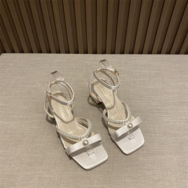 Thick Heel Elegant Satin Pearl One-word Sandals Summer 2025 Versatile Fashion French Fairy Sandals