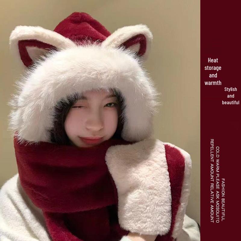 Dames Koselig Plysjhatt med Reveører og Integrert Skjerf - Varm, Myk Lei Feng-design for Høst og Vinter. Perfekt ørebeskyttelse for studenter.