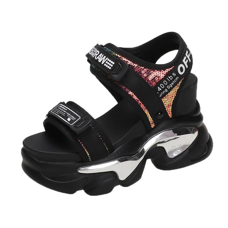 Fashion High Platform Sandals Women Bling Wedges High Heels New Summer Buckle Crystal Chunky Sandalias Beach Slippers Zapatos Mujer 10CM