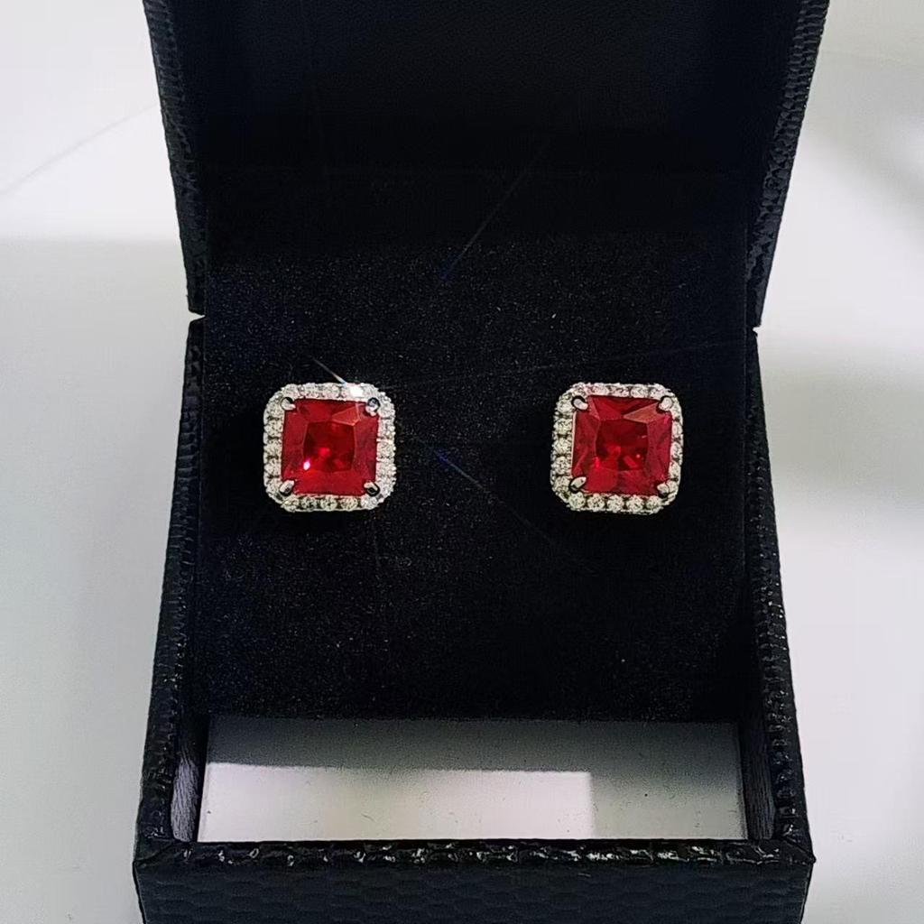 Ruby Princess Square Earrings: Inlaid Red Corundum Pigeon Blood Red Small Square Sugar Earrings for Women