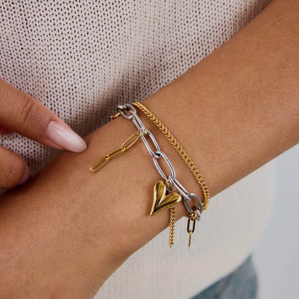 Cuban Chain Heart Charm Bracelet Stainless Steel Layered Bracelet Romantic Jewelry