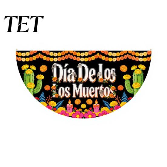 Colorful Cemetery Memorial Flag Day of The Dead Skull Bunting Banner, Marigold Print Fiesta Hanging Flag, Sugar Outdoor Yard Party Decor Floral