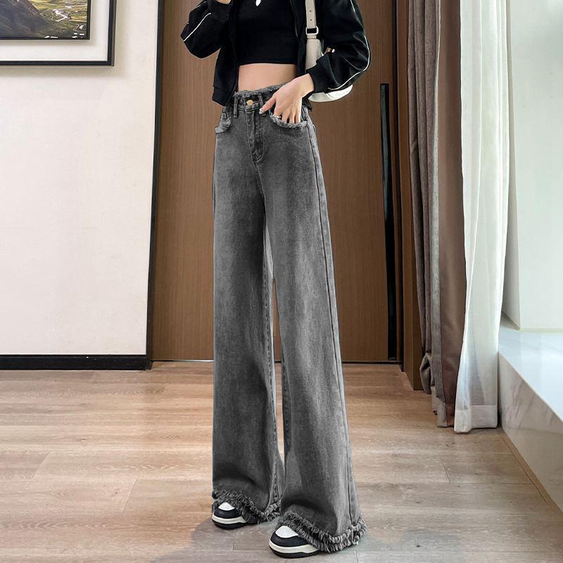 Damen Amerikanische Weiße High-Waist Wide-Leg Koreanische Jeans - Frühling Schlankmachend Bodenlang