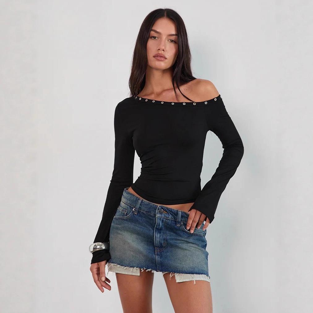European & American Asymmetrical Off-Shoulder Sexy Long Sleeve Top Small чёрный