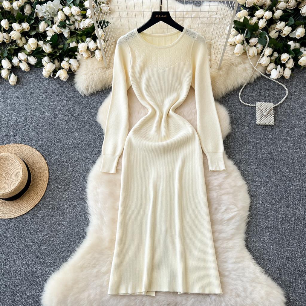 

Элегантное однотонное трикотажное платье для женщин, осеннее французское винтажное платье с круглым вырезом и длинным рукавом, модное вечернее платье-свитер, облегающее платье миди One Size бежевый