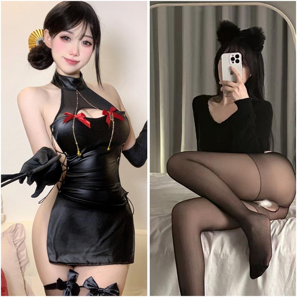 Dark Miniskirt Butterfly Chain Imitation Leather Side Split Elastic Sexy Neck Hollow Chest Woman