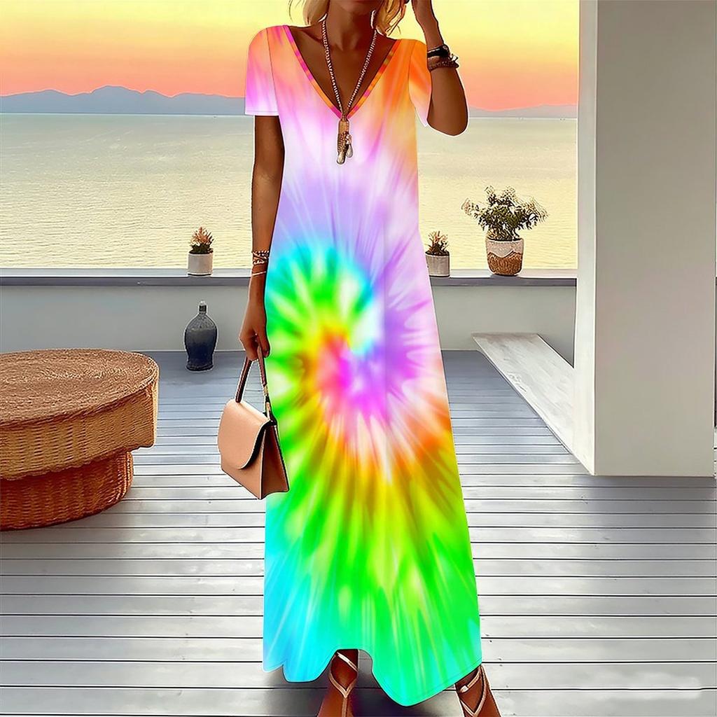 Women Plus Size Short Sleeve V Neck Maxi Dress Loose Tie Dye Print Beach Vacation Long Dress
