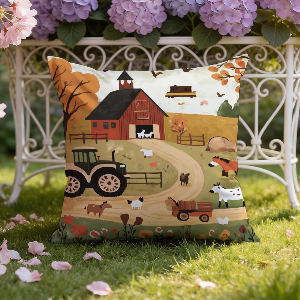 Colorful Farm Painting Cushion Cover Home & Car Dual-Scene Pillow Cover: Reversible for Premium Comfort
