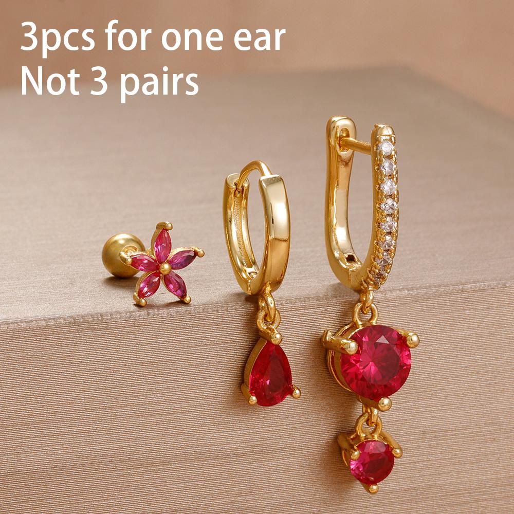 3PCS Rose Red Cubic Zircon Stainless Steel Hoop Earrings Set 18K Gold Plated Huggie Pendant Piercing Earring Women's Jewelry