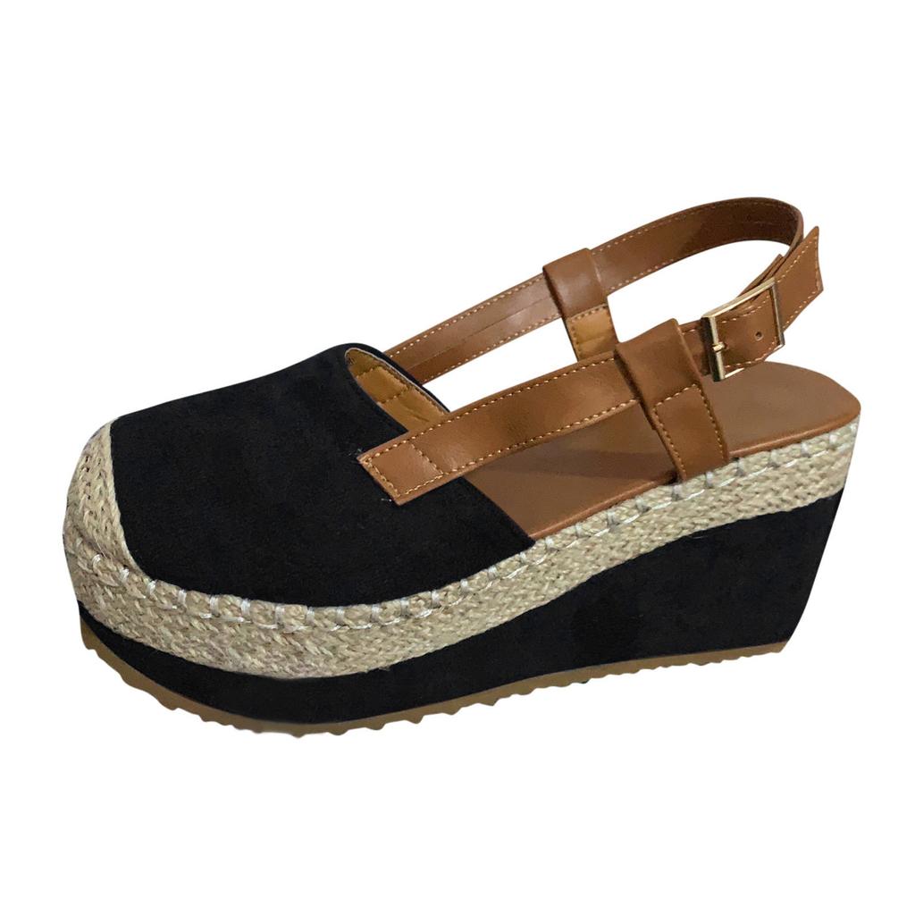 Damenmode, lässige Strohschuhe, Baotou-Sandalen mit Schnallenriemen und großem Keil