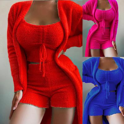 3-delige effen nachtkleding dames herfst fluweel vetersluiting crop top shorts pak cardigans jas mode comfortabele pyjama's shorts sets