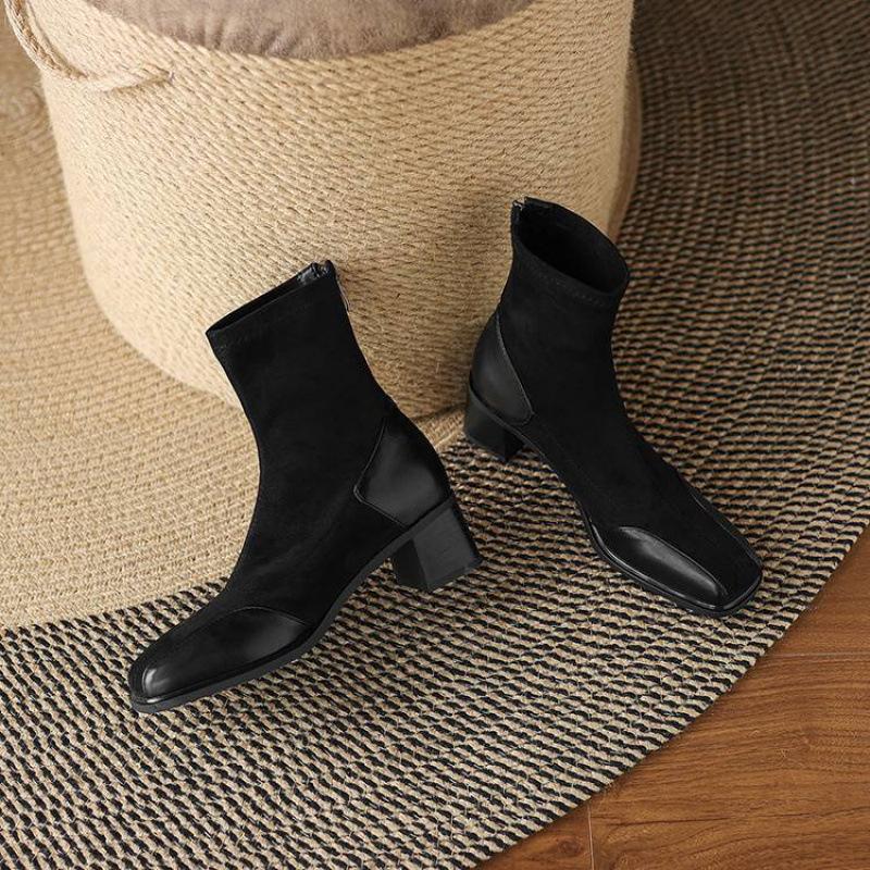 Korean Version of the New Suede Elastic Women's Boots Square Head Large Size Martin Boots Solid Color High Heel Leather Boots Autumn and Winter Mid