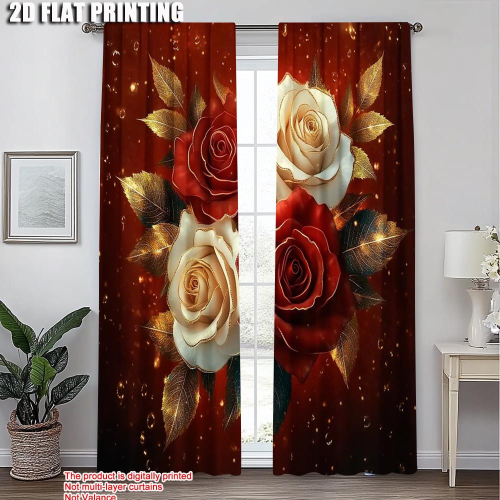 2pcs, Popular Curtains 2D print Red Roses Machine Washable Fabric (without rod) Room Decor for Living Room, Home Decoration,