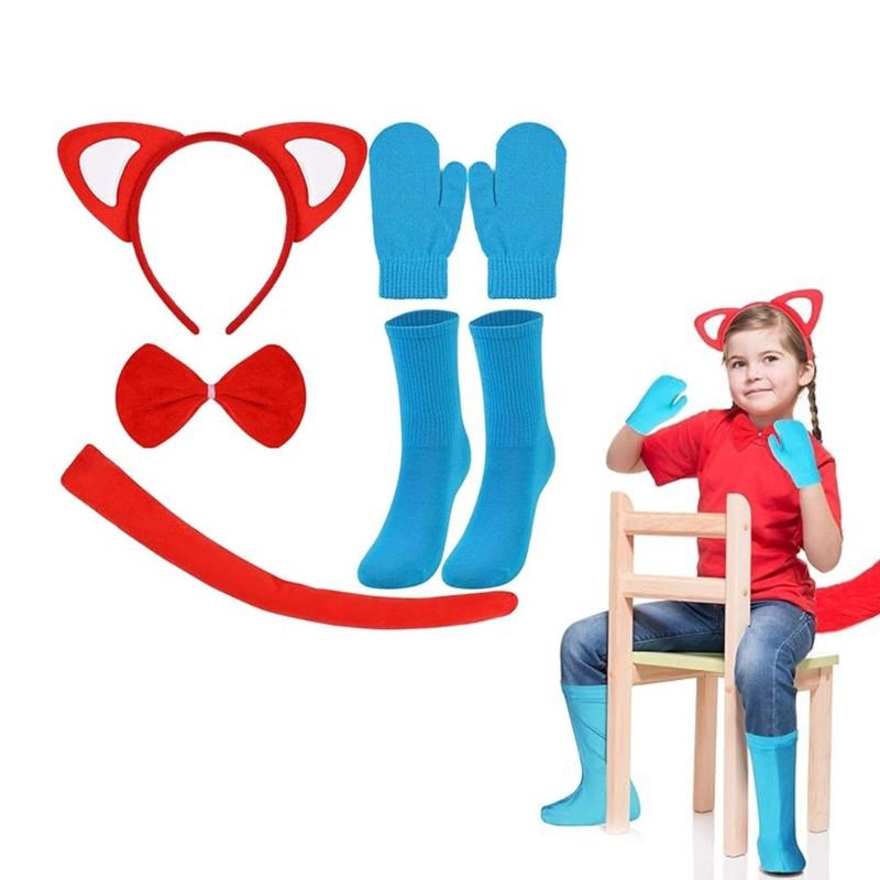 Kids Cats Costume Cats Ear Headband Tail Bowtie Gloves Socks Halloween Cats Cosplay Accessory for Kid Boy Girl Cosplay