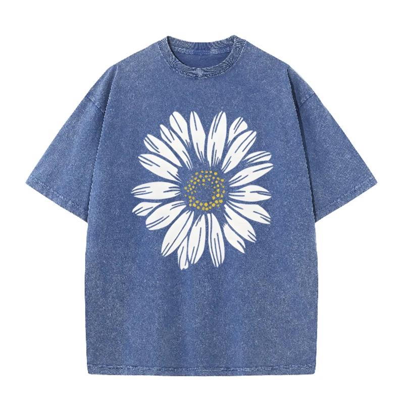 Daisy Flower Print Vintage Washed BlackT Shirt Casual Minimalist Streetwear Tee