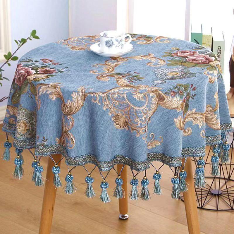 Luxury European Style Round Tablecloth with Tassel Embrodered Table Cover for Wedding Decor Christmas Round Table Cloth