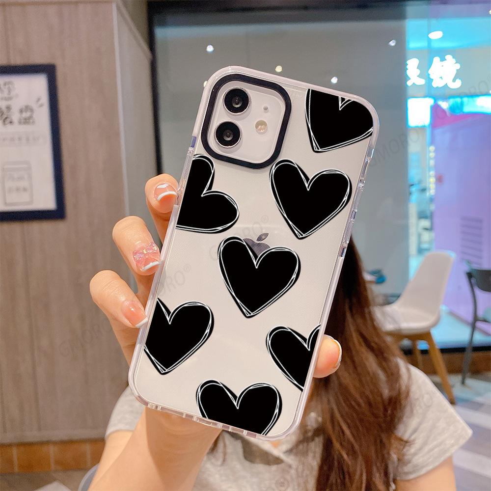 Ins Internet Celebrity Same iPhone13 Simple Black Love Mobile Phone Case Apple 16Pro Two-color Transparent Soft Case 17