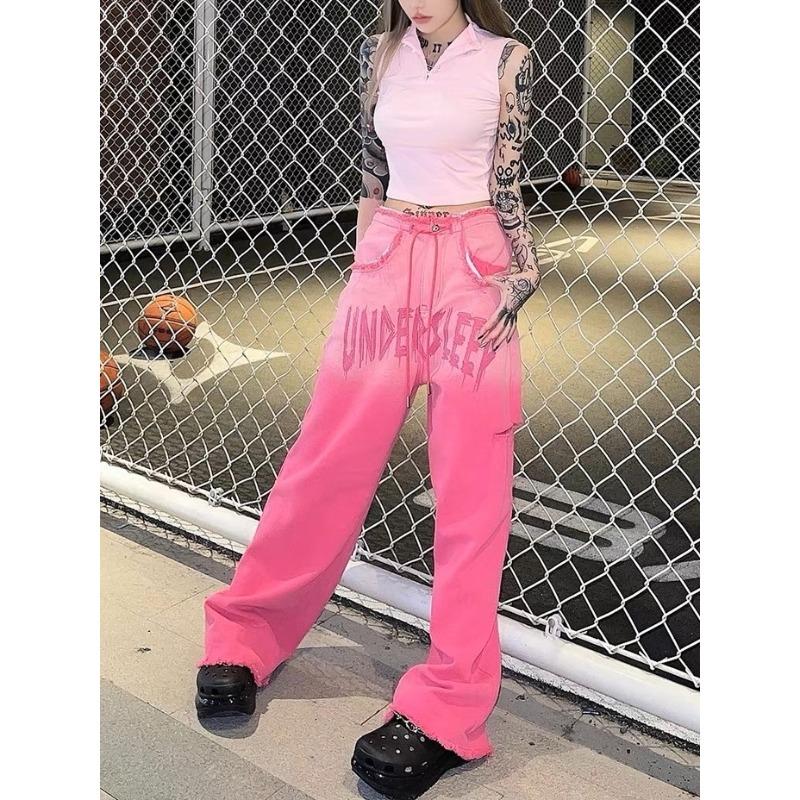 

Градиентные розовые модные джинсы с буквенным принтом, джинсовые брюки, свободные прямые длинные брюки со шнуровкой и высокой талией, женские большие размеры