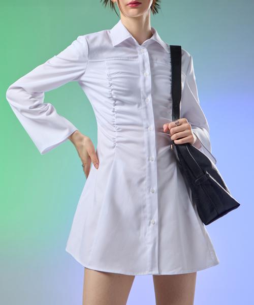 KOLEAT Shirring Glam Slim Long Sleeve Shirt Mini Dress [White] Skirt Ver.