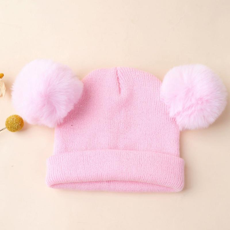 1pc solid color Beanie with Double Hairball,Winter Warm Leisure windproof multifunctional Kids Knit Cap For Autumn and Winter
