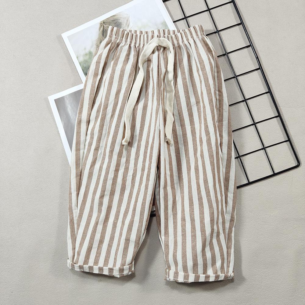 

Korean Style Kids Cotton Striped Pants: Elastic Waist Summer Cropped Trousers for Boys and Girls 90 cm темные хаки