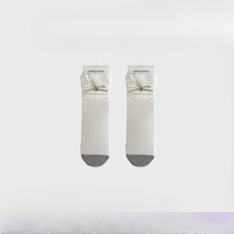 Women s Mid-calf Stockings, Bow-patterned Color-striped Stockings, Long Stockings, Earflap-style Stockings 1 pair