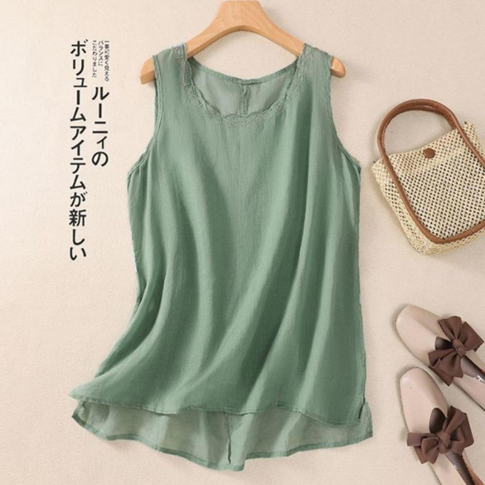 Strap Vest Women's Summer New Artistic Cotton and Linen Sleeveless Inner Layer Bottom Shirt Versatile Embroidered Round Neck
