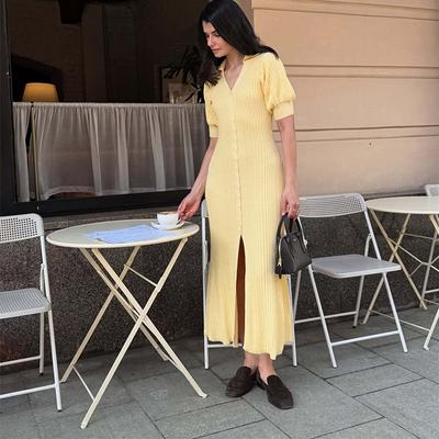 Slit Long Cardigan Knit Dress Women Fashion Short Sleeve Patchwork High Waist Maxi Dress Street Casual Y2K Dress 2025 Summer Autumn