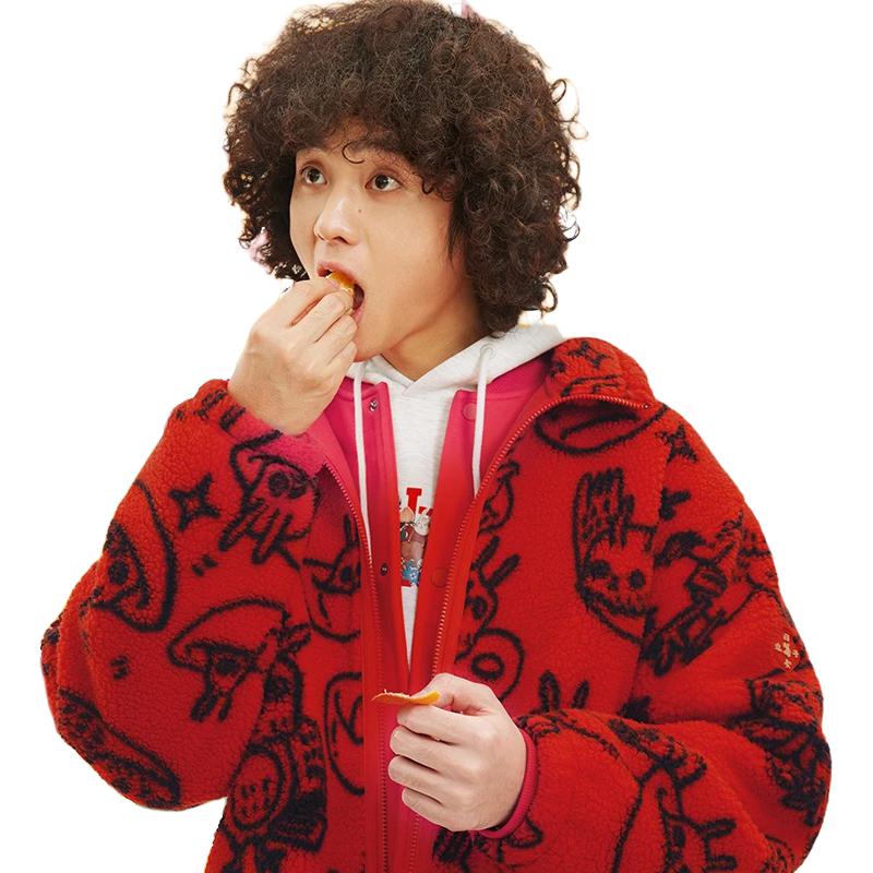 Li-Ning Daily Progress Cartoon Pattern Lamb Velvet Sports Jacket Unisex Jackets Red AFDT007-2