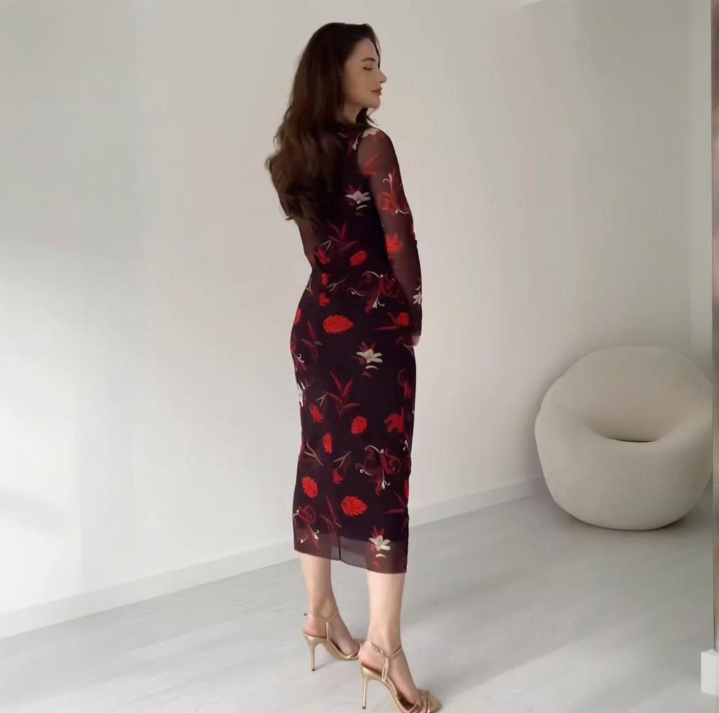 2025 Summer European & American Cross-border Round Neck Long Sleeve Printed Women's Waist-Cinched Mid-length Fashion Dress