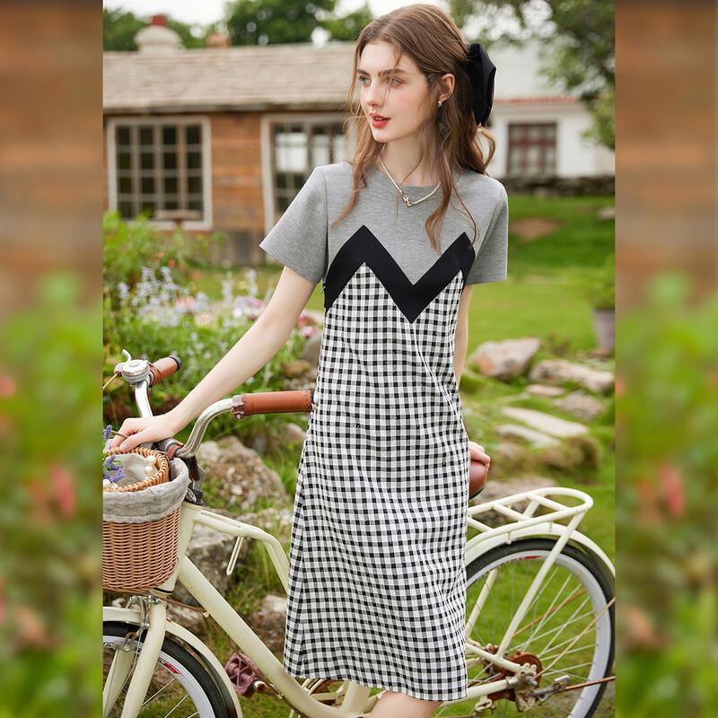 Women s Retro Plaid Color-Block Short Sleeve Dress XL