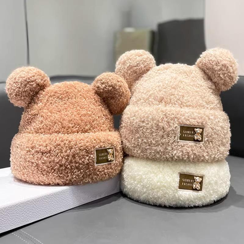 Thick Plush Bear Hat for Women Korean Version Fashionable Sweet and Versatile Face Friendly Small Warm and Windproof Knitted Hat