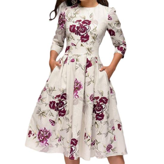Damen Mode Floral Print Ärmel Rundhals A-Linie Schlank Raffung Party