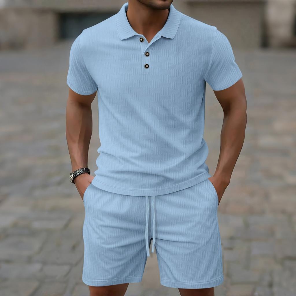 Men's Solid-color Short-sleeved  Shirt With Elastic Waist And Lace-up Shorts Set