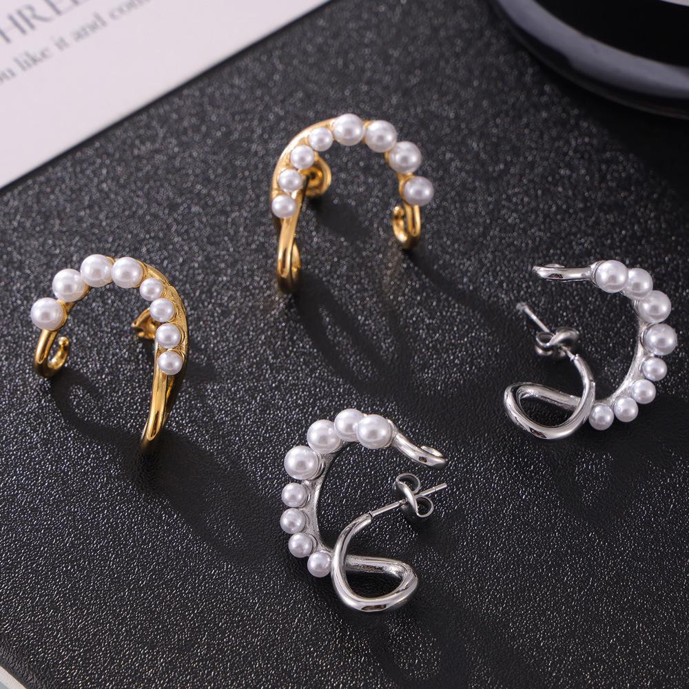 Inlaid Faux Pearl Irregular Stud Earrings: European & American Women's Fashion in Titanium Steel