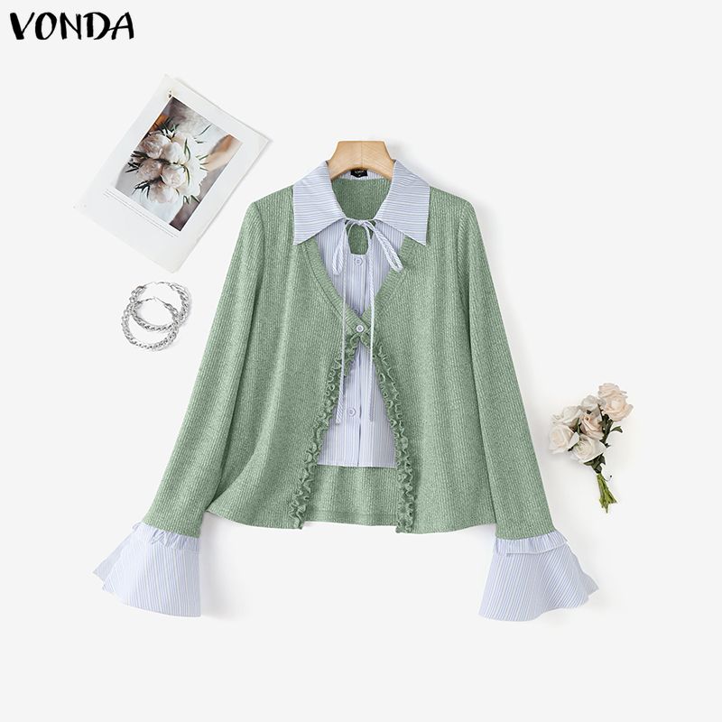 VONDA Women V-Neck Fake Two Piece Patchwork Long Sleeve Casual Blouse