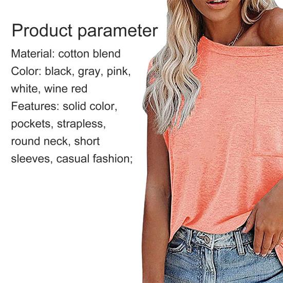 T-shirt z krótkim rękawem luźny damski gładki z odkrytymi ramionami na lato