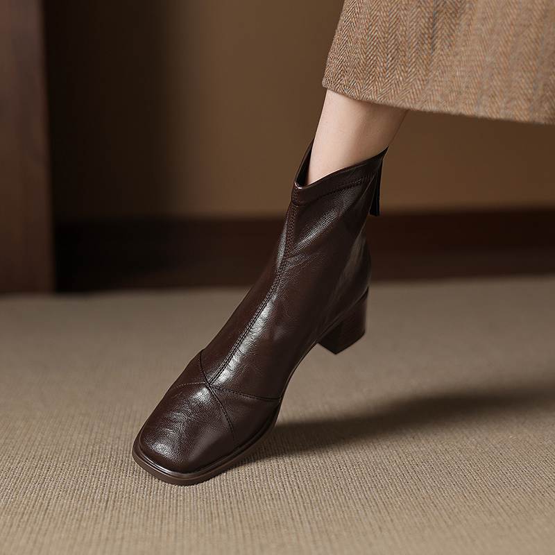 Krazing Pot Microfiber Square Toe Thick Heels Chelsea Boots Size 42 Zip Women Concise Style Elastic Ankle Boots